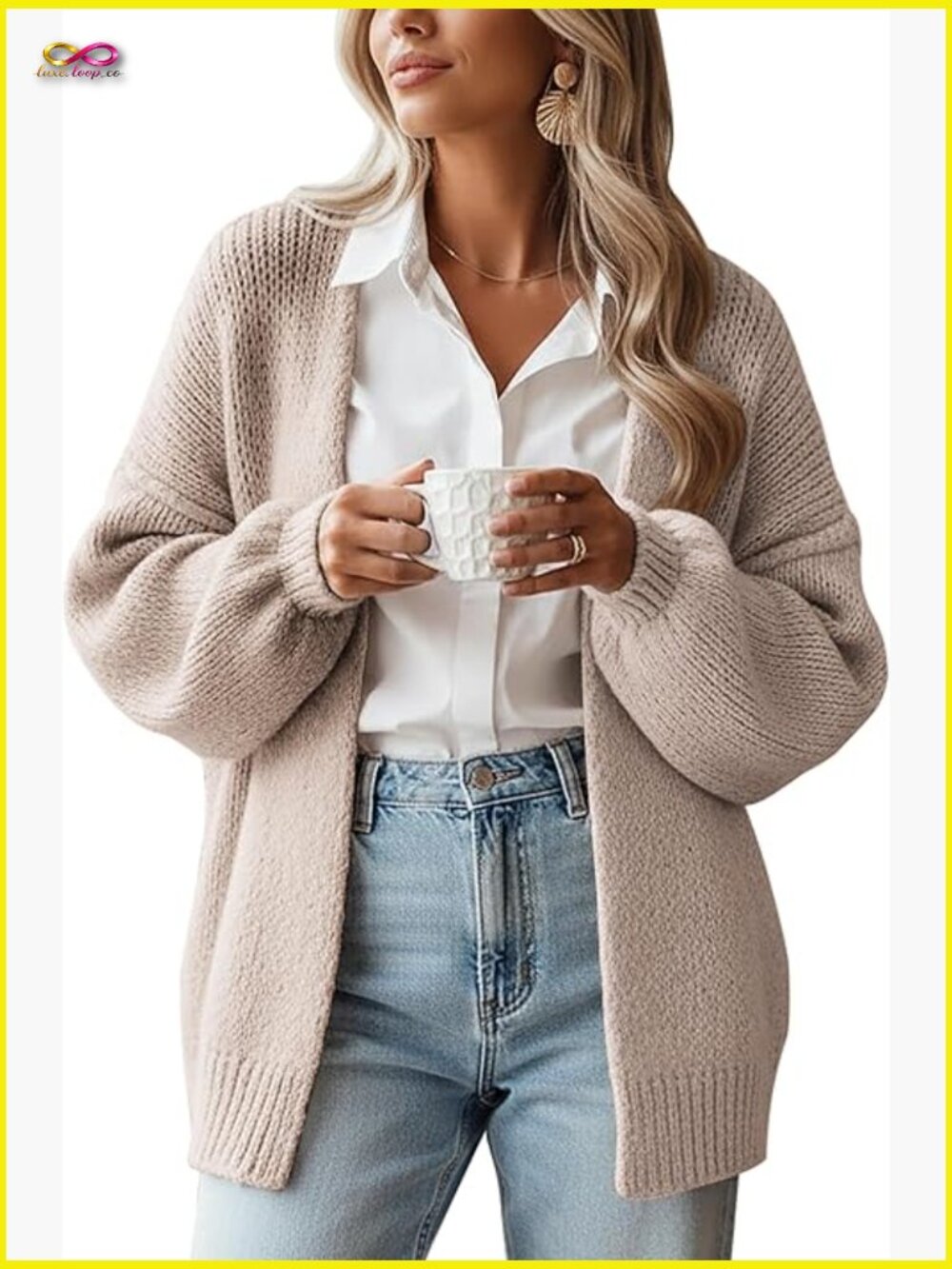 Chunky Knit Cardigan Oversized Lantern Sleeve Open Front Casual Sweater
